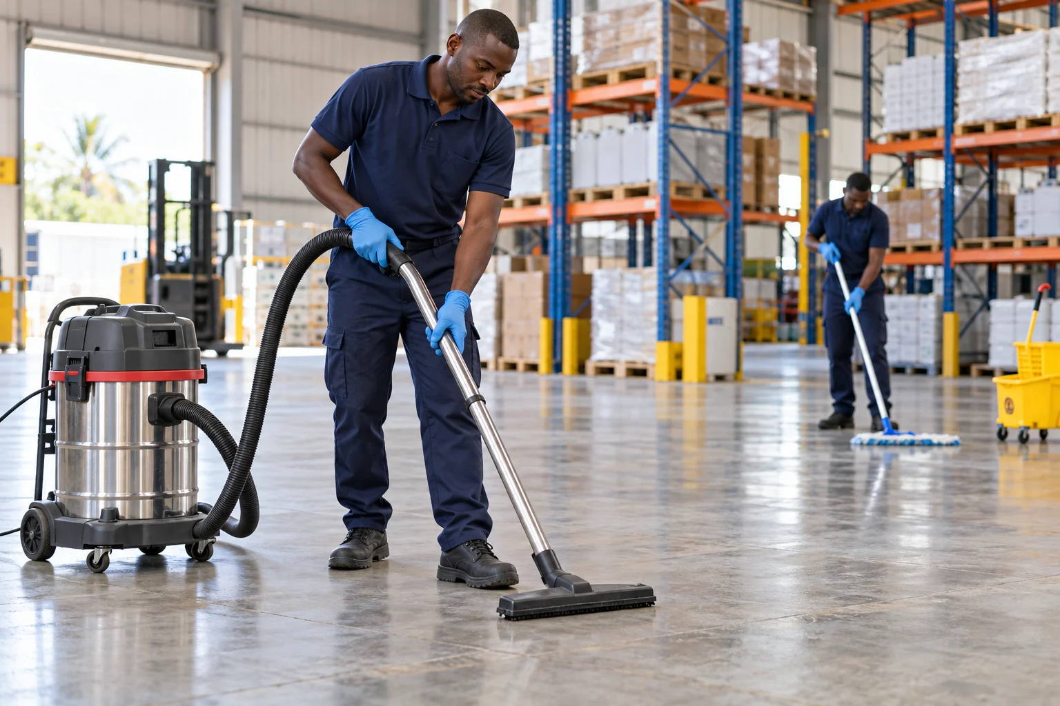 Illustration d’un professionnel africain utilisant un aspirateur professionnel en milieu industriel